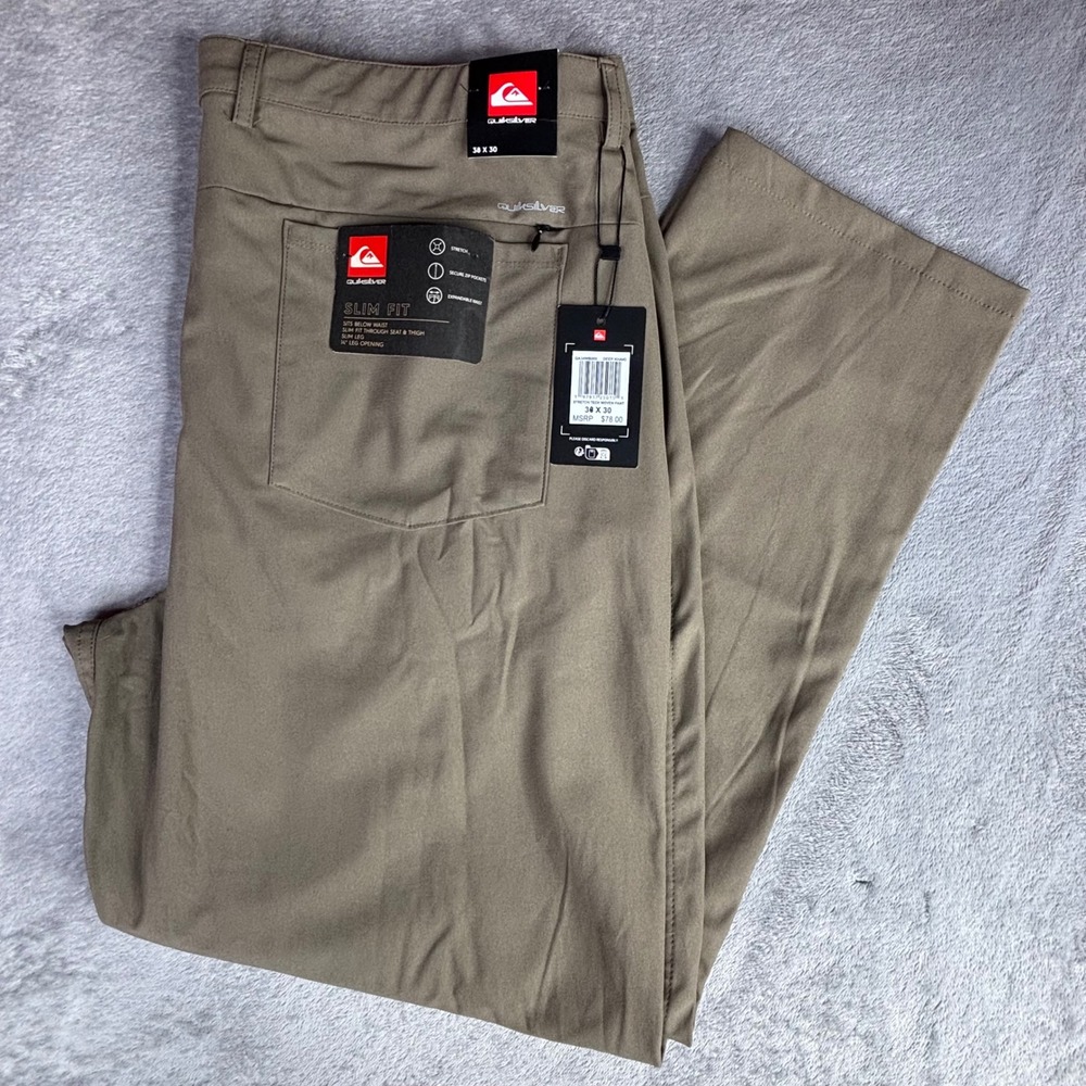 Quiksilver Tech Pants Mens 38x30 Deep Khaki Slim Fit Stretch Woven QA34WB005 NWT